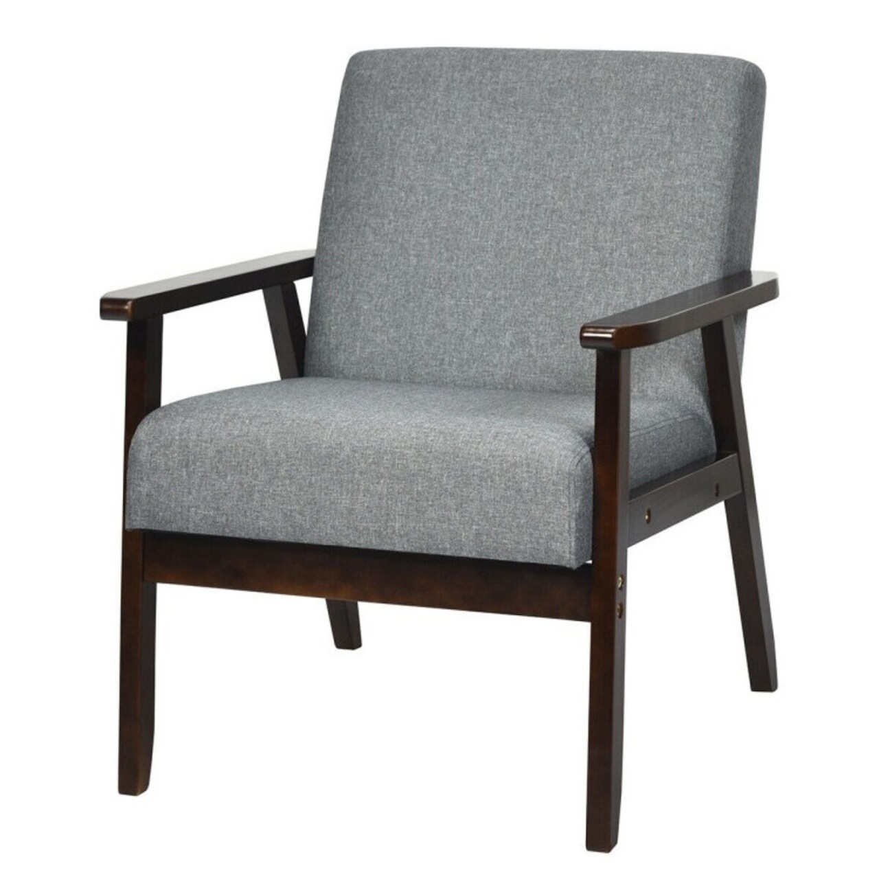 Grey Linen Accent Chair with Rubber Wood Frame Wide Seat and Armrests for Living Room or Bedroom
